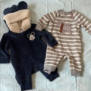 Warm Disney Quilted One Piece, and Warm fleece Moose one piece 0-3m